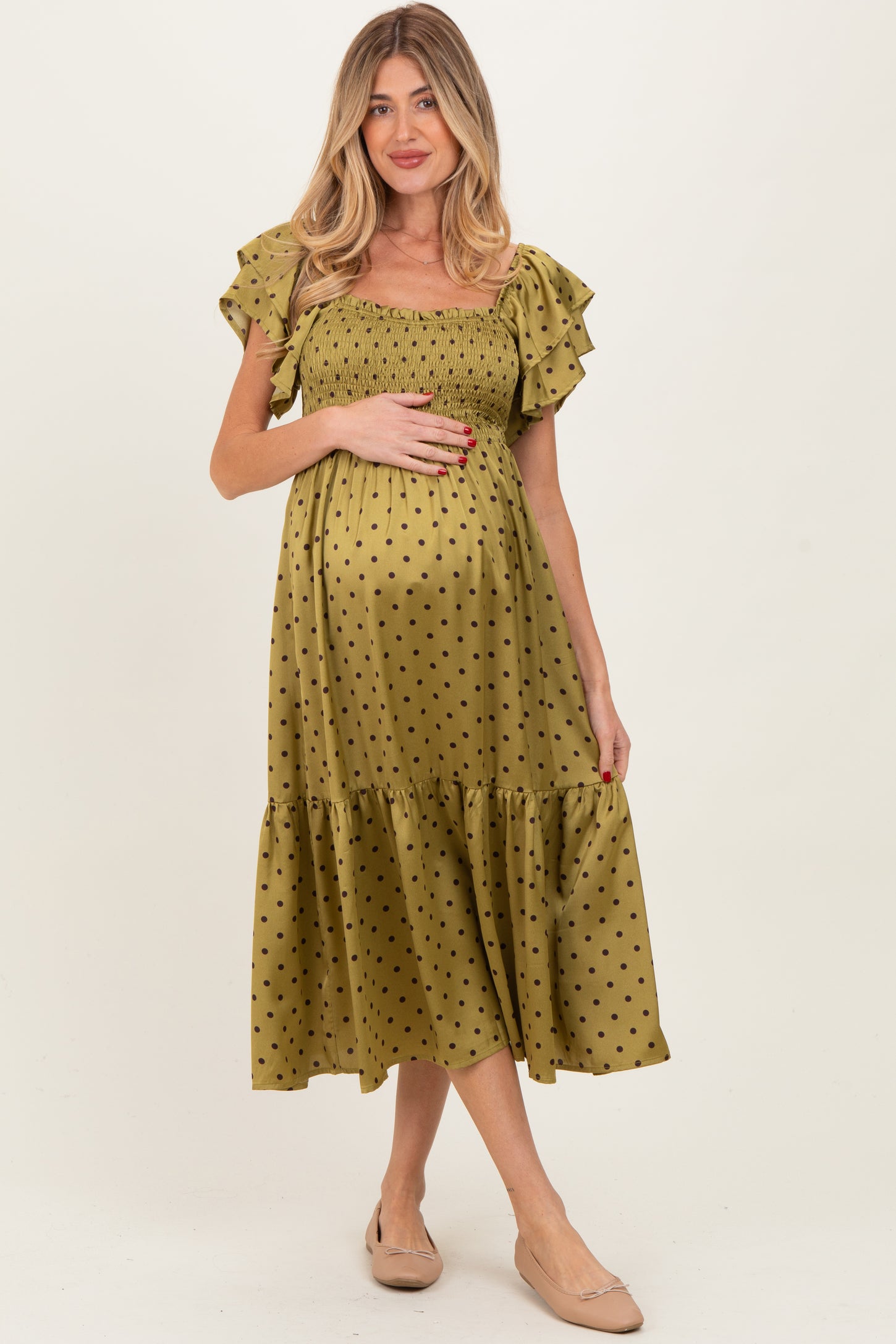 Light Olive Polka Dot Satin Smocked Flutter Sleeve Maternity Dress Light Olive Polka Dot Satin Smocked Flutter Sleeve Maternity Dress