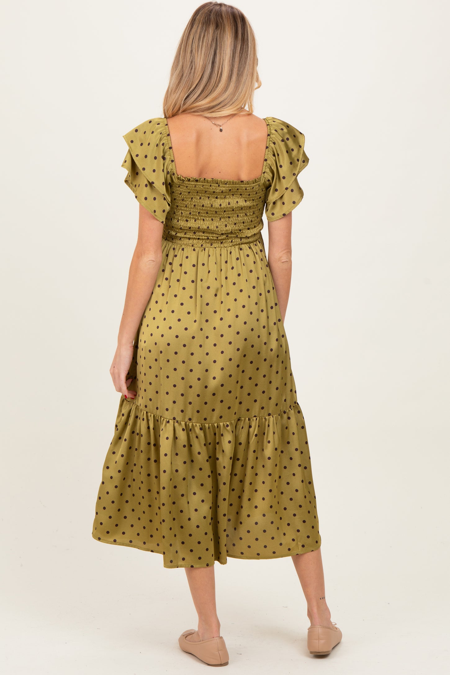Light Olive Polka Dot Satin Smocked Flutter Sleeve Maternity Dress Light Olive Polka Dot Satin Smocked Flutter Sleeve Maternity Dress