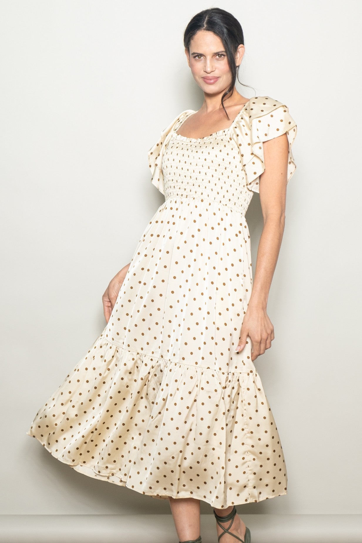 Cream Polka Dot Satin Smocked Flutter Sleeve Dress – PinkBlush