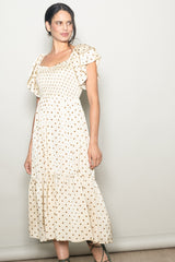 Cream Polka Dot Satin Smocked Flutter Sleeve Dress