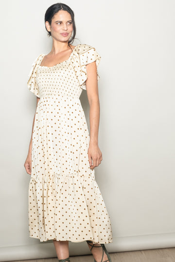 Cream Polka Dot Satin Smocked Flutter Sleeve Dress