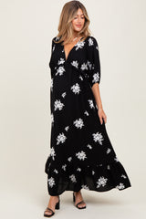 Black Vintage Floral Embroidered V-Neck 3/4 Sleeve Maternity Maxi Dress