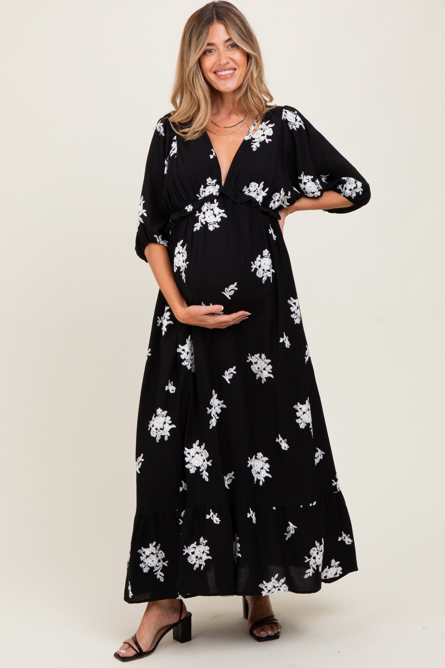 Black Vintage Floral Embroidered V-Neck 3/4 Sleeve Maternity Maxi Dress