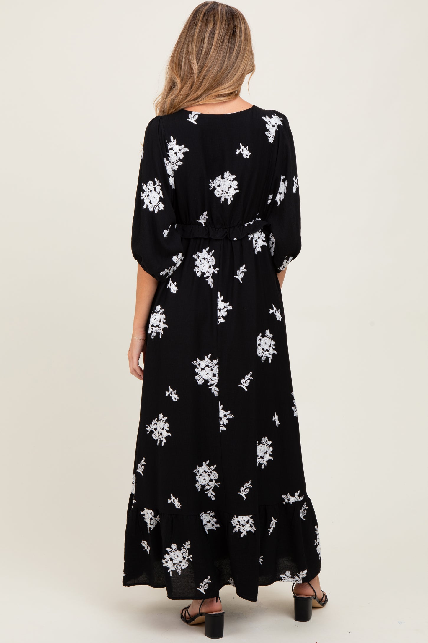 Black Vintage Floral Embroidered V-Neck 3/4 Sleeve Maternity Maxi Dress