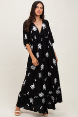 Black Vintage Floral Embroidered V-Neck 3/4 Sleeve Maxi Dress