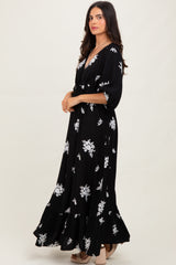 Black Vintage Floral Embroidered V-Neck 3/4 Sleeve Maxi Dress