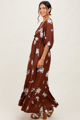 Brown Vintage Floral Embroidered V-Neck 3/4 Sleeve Maxi Dress