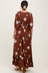 Brown Vintage Floral Embroidered V-Neck 3/4 Sleeve Maxi Dress