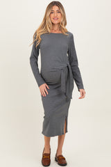 Charcoal Side Tie Long Sleeve Maternity Midi Dress