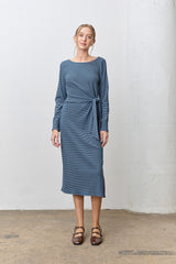 Navy Side Tie Long Sleeve Maternity Midi Dress