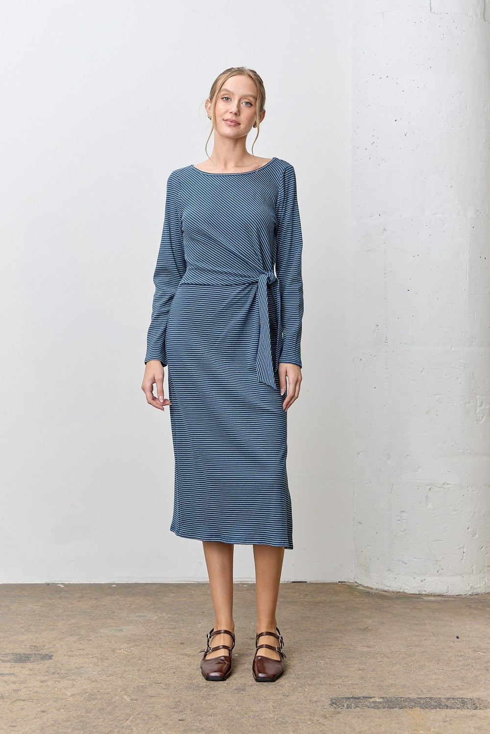 Navy Side Tie Long Sleeve Maternity Midi Dress