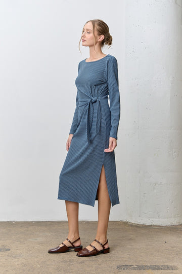 Navy Side Tie Long Sleeve Midi Dress