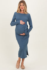 Navy Side Tie Long Sleeve Maternity Midi Dress