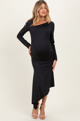Black Asymmetric Hem Maternity Midi Dress