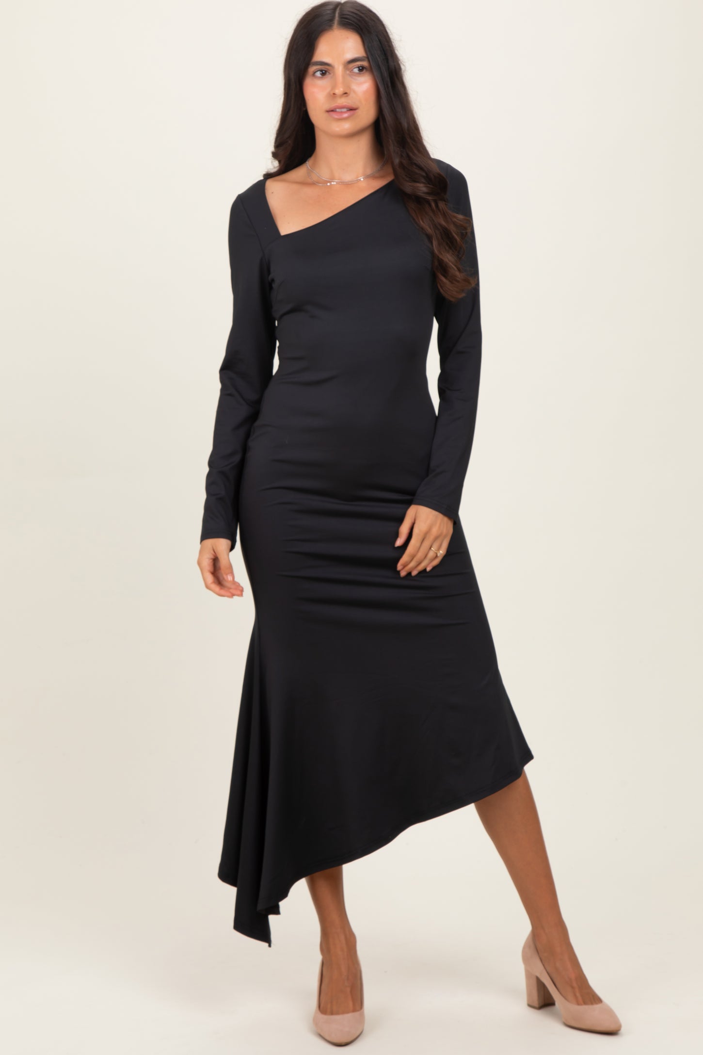 asymmetric black midi dress Adina Asymmetric Hem Midi Dress in Slinky Black