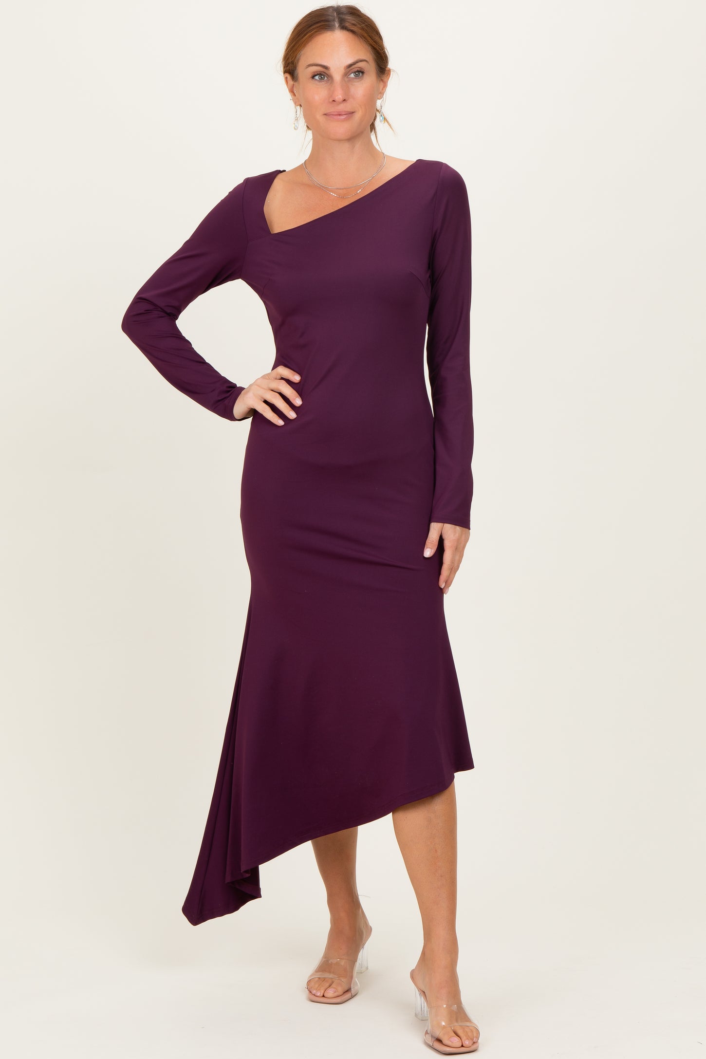 Plum Asymmetric Hem Midi Dress