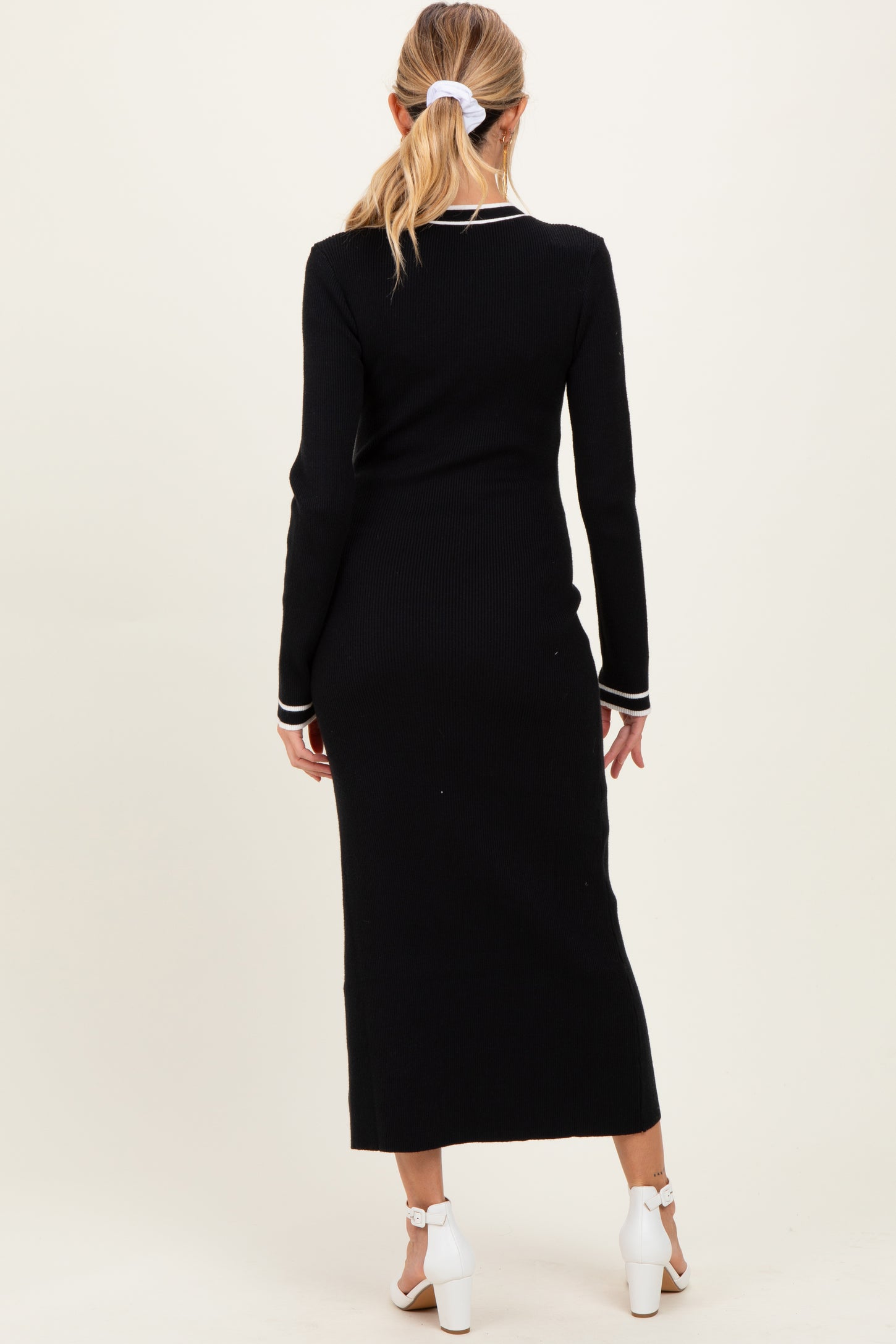 Black Tie Neck Maternity Sweater Midi Dress