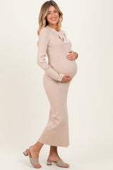 Cream Tie Neck Maternity Sweater Midi Dress
