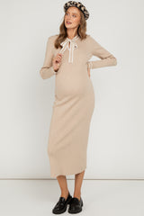 Cream Tie Neck Maternity Sweater Midi Dress