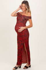 Burgundy Floral One Shoulder Maternity Maxi Dress