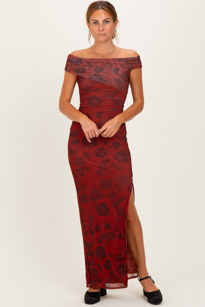 Burgundy Floral One Shoulder Maternity Maxi Dress