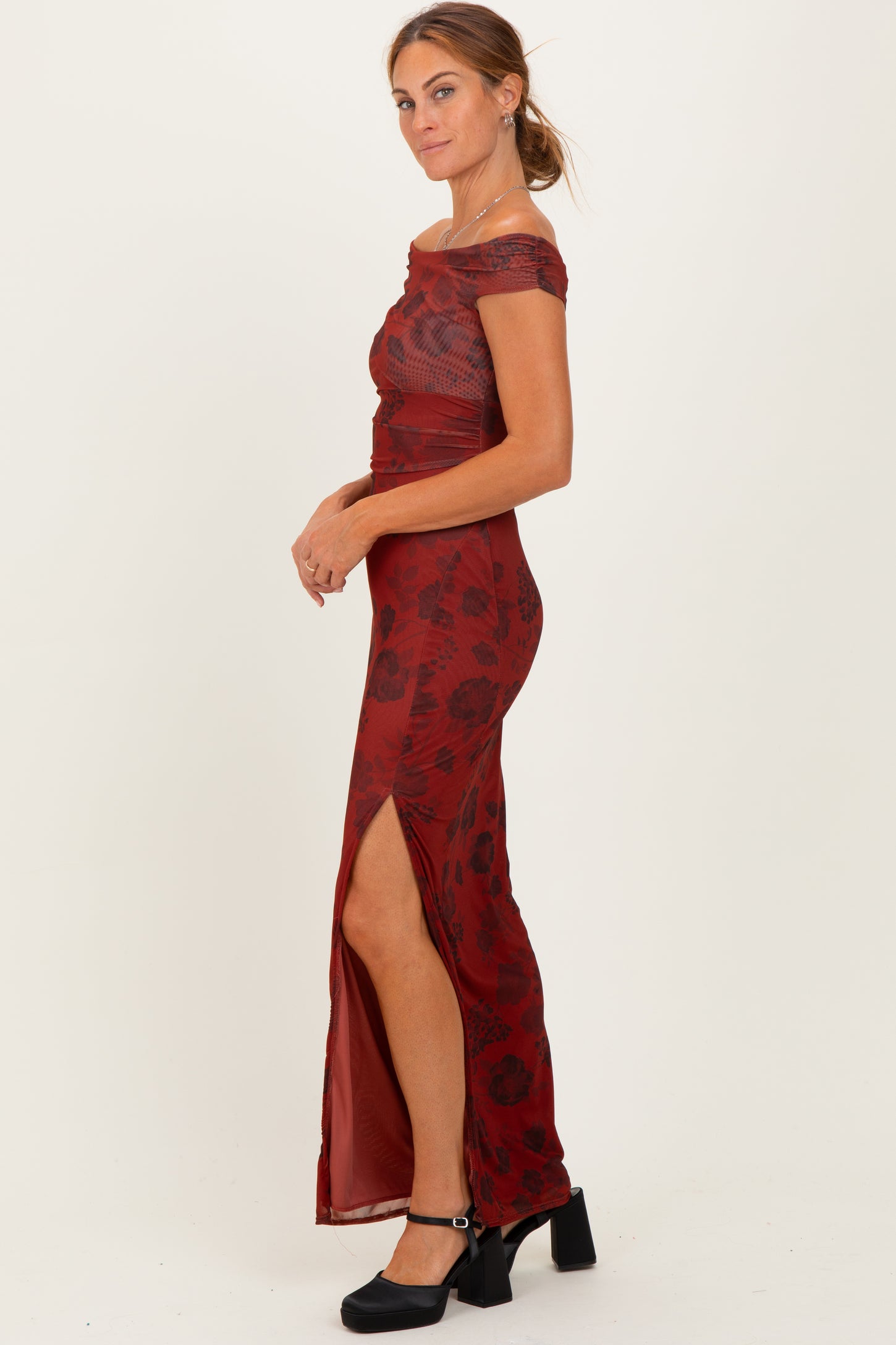 Burgundy Floral One Shoulder Maxi Dress