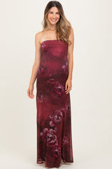 Burgundy Floral Strapless Maternity Maxi Dress
