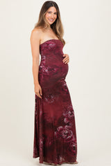 Burgundy Floral Strapless Maternity Maxi Dress