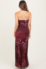 Burgundy Floral Strapless Maternity Maxi Dress