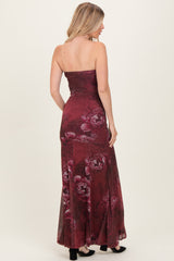 Burgundy Floral Strapless Maxi Dress