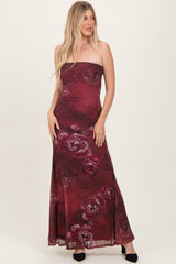 Burgundy Floral Strapless Maxi Dress