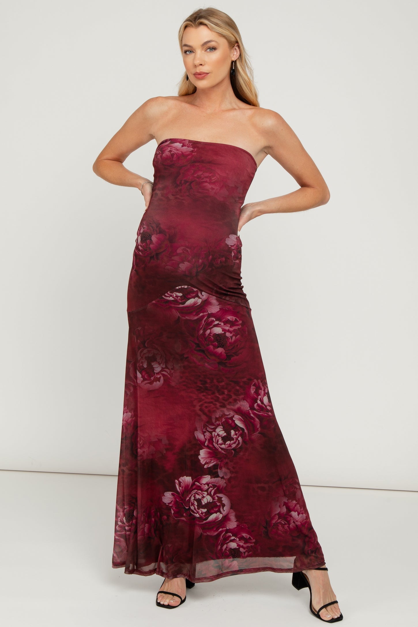 Burgundy Floral Strapless Maternity Maxi Dress