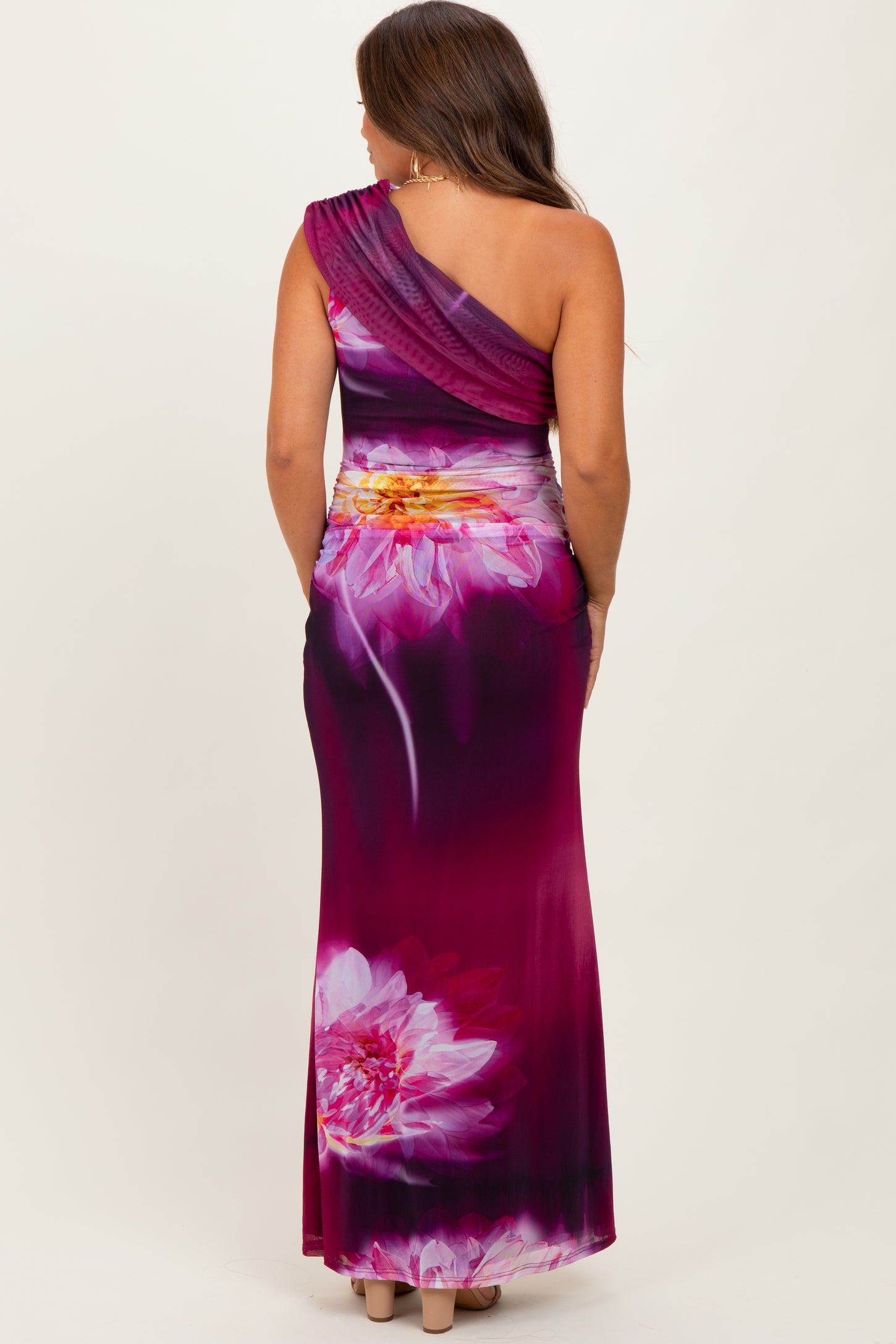 Plum Floral One Shoulder Maternity Maxi Dress