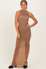 Mocha Mesh Ruched One Sleeve Maxi Dress