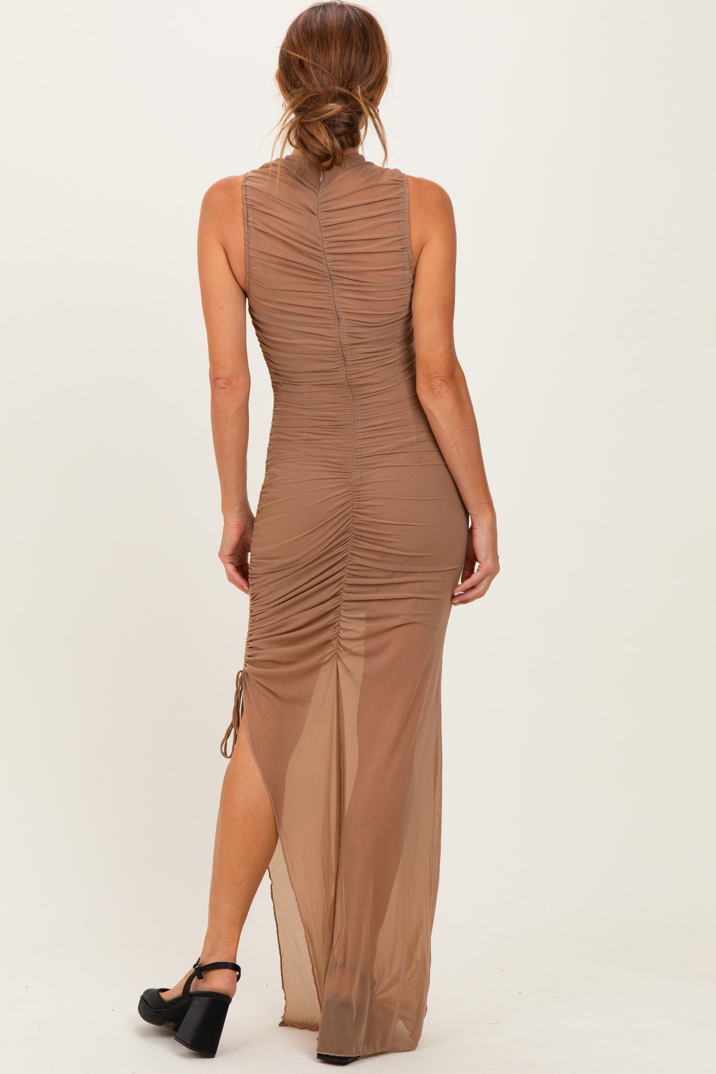 Mocha Mesh Ruched One Sleeve Maxi Dress