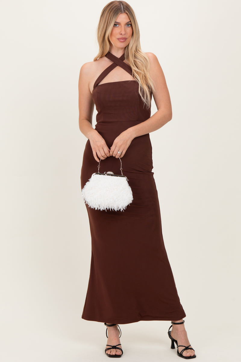 Brown Halter Neck Maxi Dress – PinkBlush