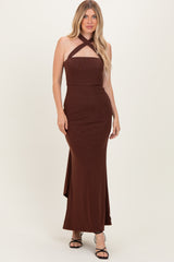 Brown Halter Neck Maxi Dress