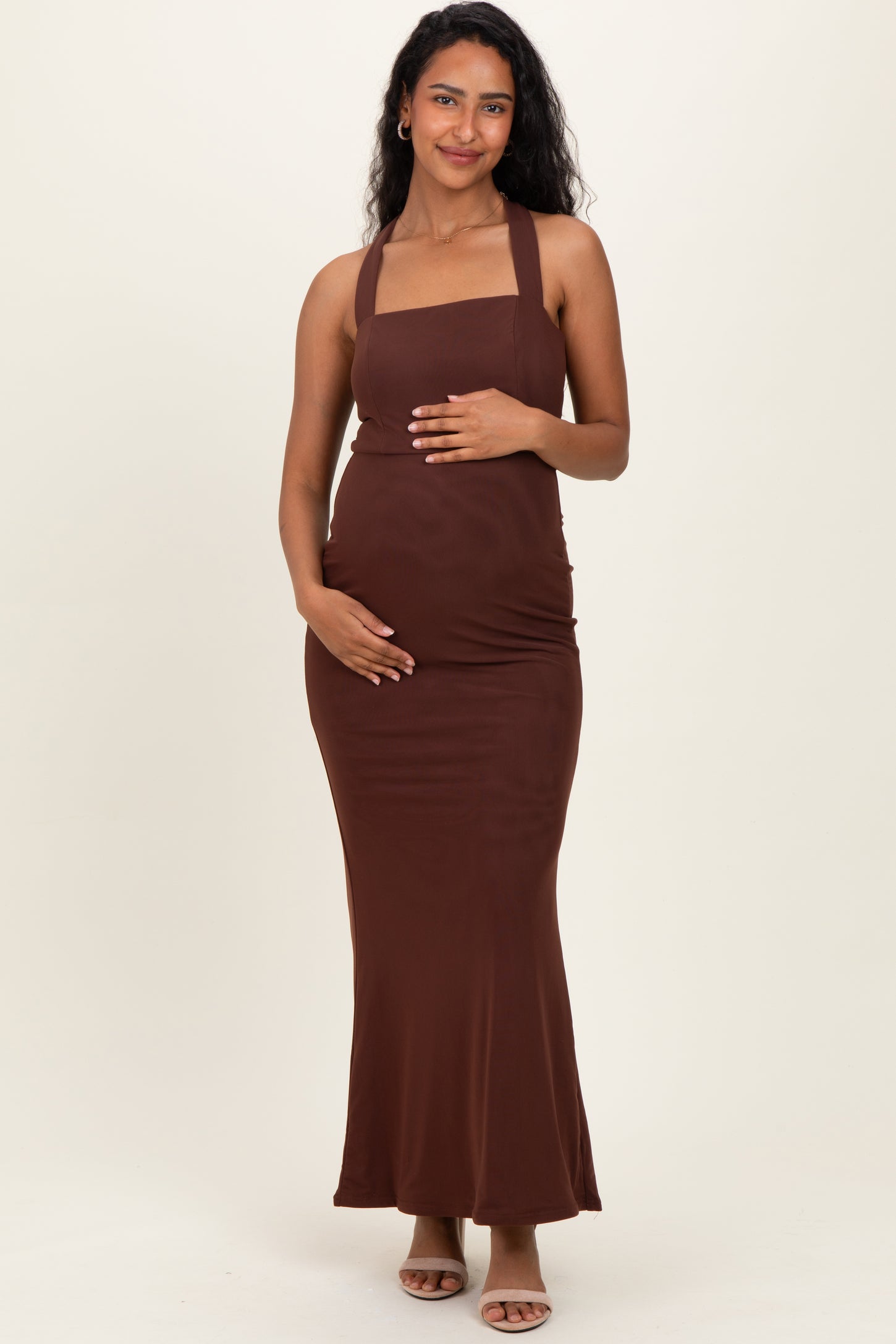 Brown Halter Neck Maternity Maxi Dress PinkBlush Brown Halter Neck Maternity Maxi Dress PinkBlush