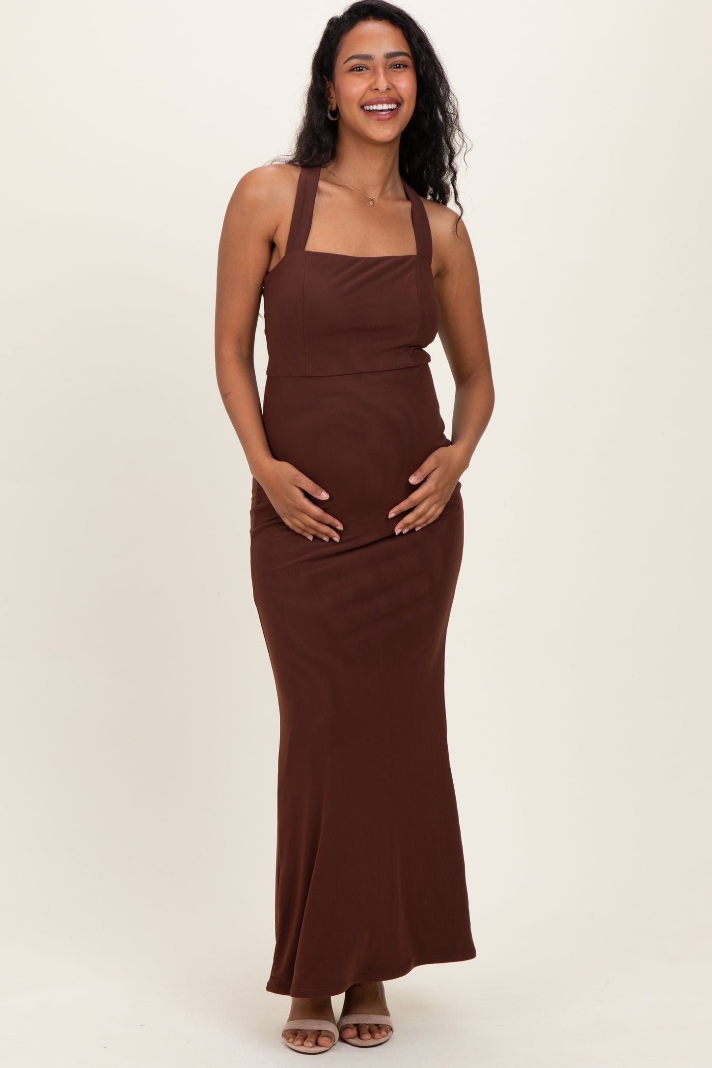 Brown Halter Neck Maternity Maxi Dress PinkBlush Brown Halter Neck Maternity Maxi Dress PinkBlush