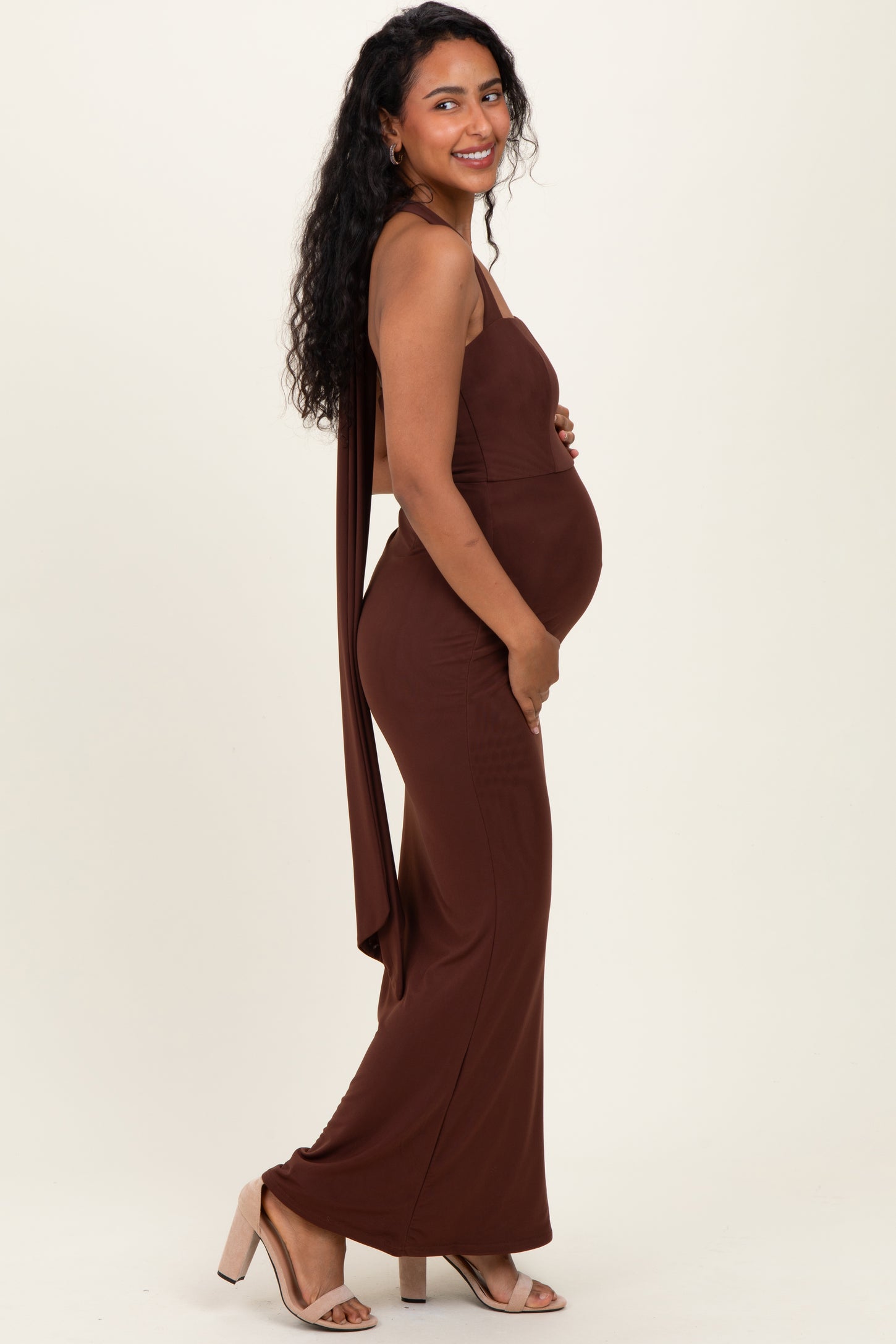 Brown Halter Neck Maternity Maxi Dress