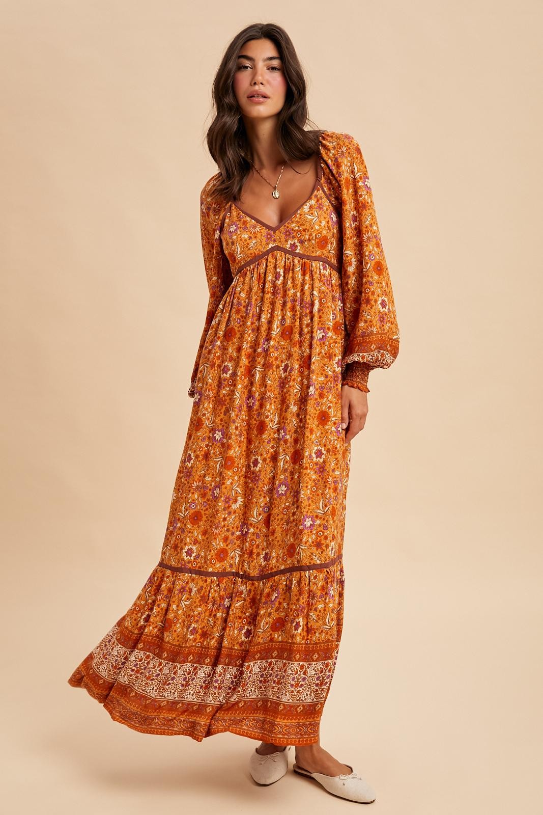 Orange Floral Border Print Long Sleeve Maxi Dress Orange Floral Border Print Long Sleeve Maxi Dress