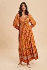 Orange Floral Border Print Long Sleeve Maxi Dress