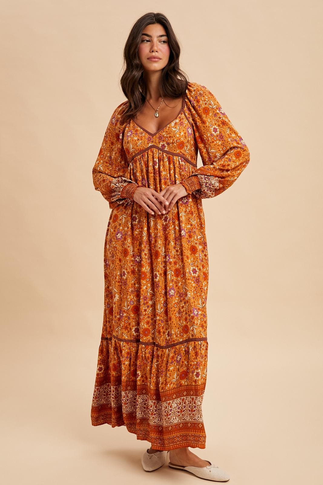 Orange Floral Border Print Long Sleeve Maxi Dress Orange Floral Border Print Long Sleeve Maxi Dress