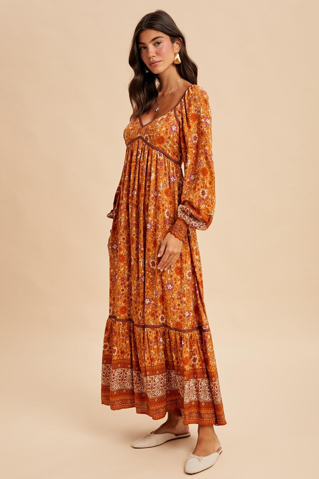 Orange Floral Border Print Long Sleeve Maxi Dress