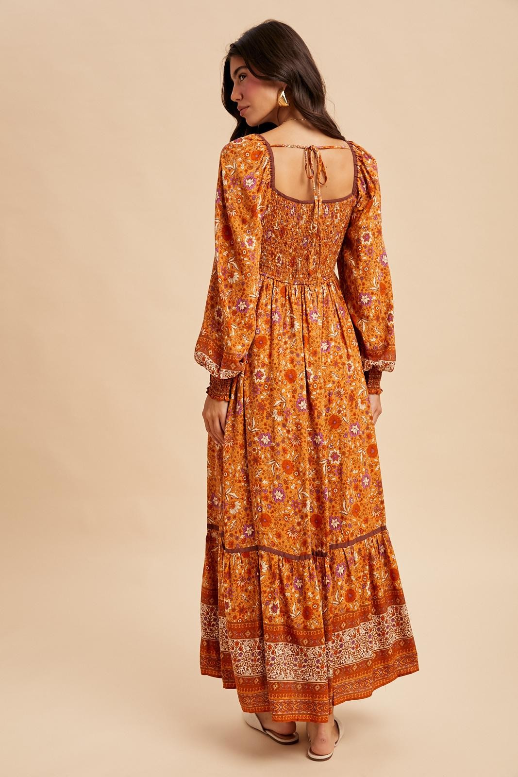 orange maxi dress long sleeve Floral Border Print Green Birds Smocked Maxi green dress for women Color:Olive Veil providing both texture and