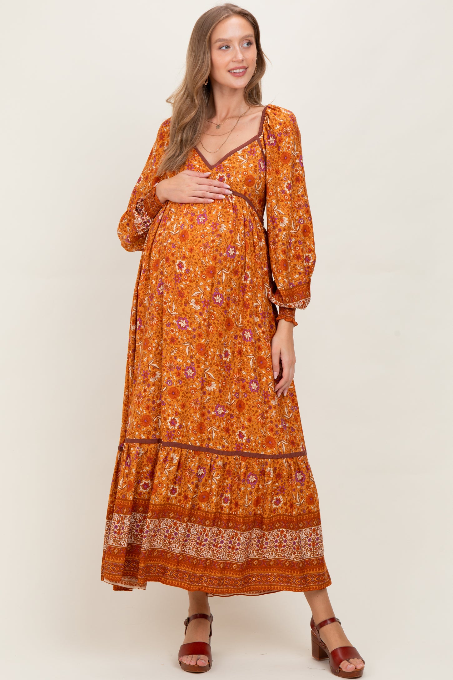 Orange Floral Border Print Long Sleeve Maternity Maxi Dress