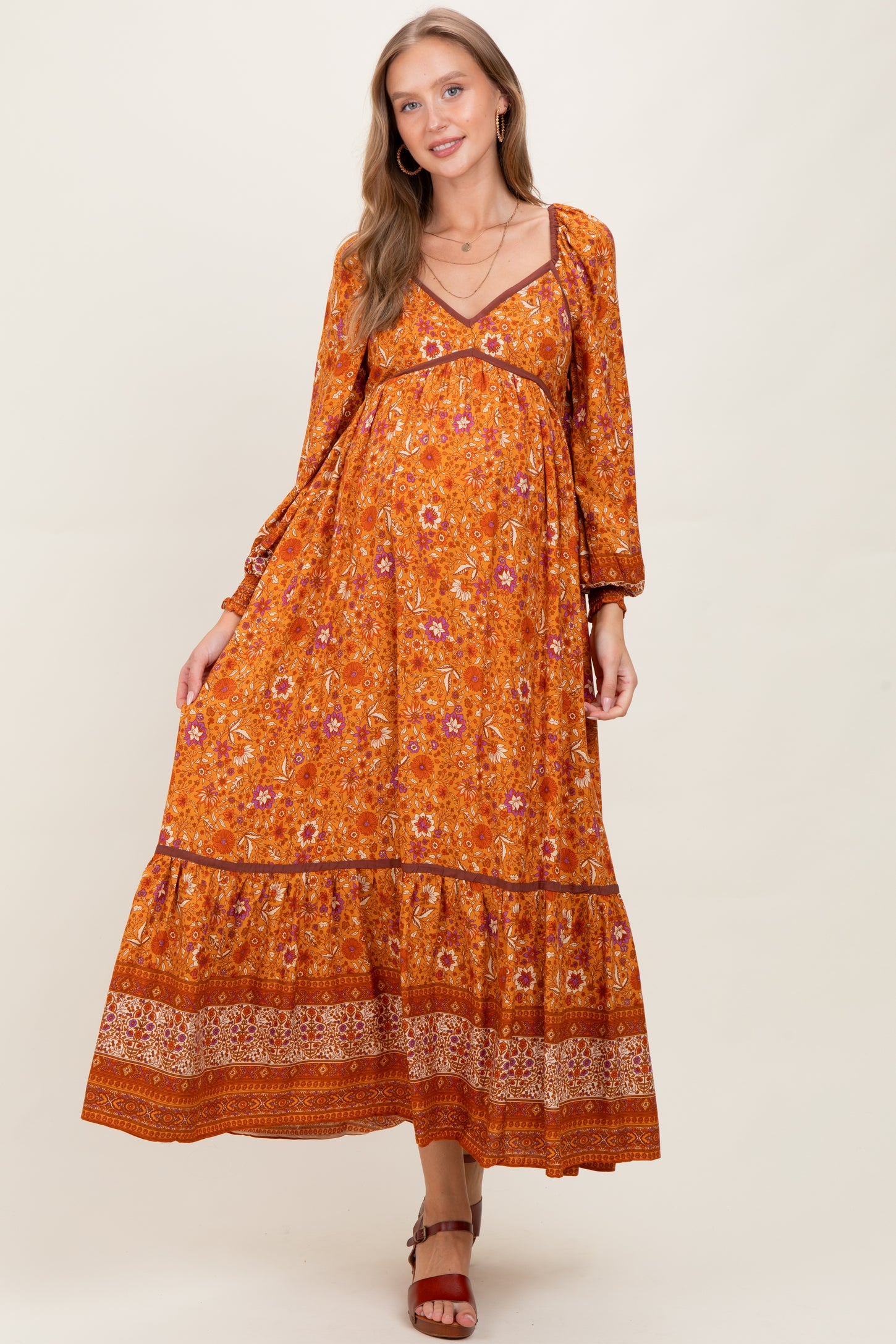 Orange Floral Border Print Long Sleeve Maternity Maxi Dress