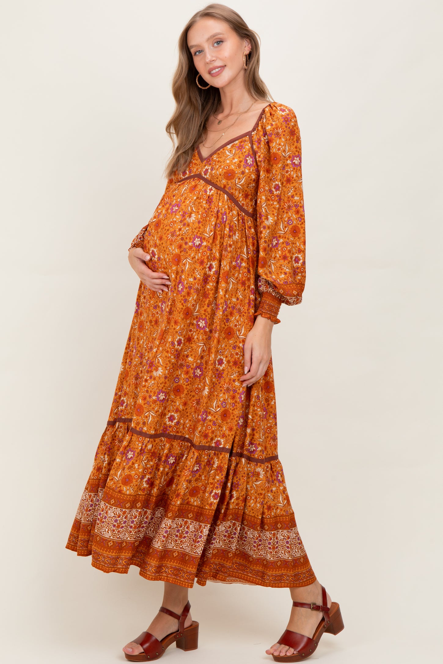Orange Floral Border Print Long Sleeve Maternity Maxi Dress