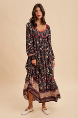 Navy Floral Border Print Long Sleeve Maxi Dress
