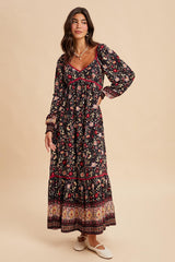 Navy Floral Border Print Long Sleeve Maxi Dress